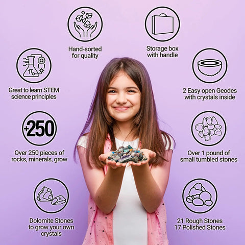 Rock Mineral And Geodes Treasure Hunt Kit With 250 Pieces Real Shark Teeth Fossils ID Sheet And Rock Book STEM Educational Toy For Kids Teens Hands On Science Activity, girl holding rocks