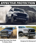 RAM 1500 truck on rugged terrain with Custom Front Tow Hook Cover For RAM 1500 2019-2026 Red Hitch Cover Easy Install