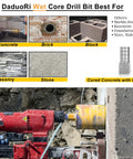 2 Inch Wet Core Drill Bit For Concrete With Rebar, 14 Inch Drilling Depth, in use on concrete surface, shown with materials it can drill.