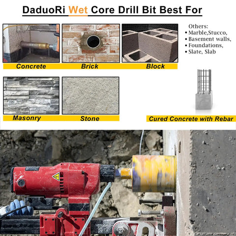 2 Inch Wet Core Drill Bit For Concrete With Rebar, 14 Inch Drilling Depth, in use on concrete surface, shown with materials it can drill.