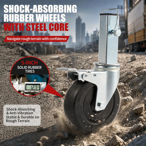Heavy Duty 5 Inch Scaffold Rollaway Casters 4 Pack With Dual Brakes Rock Solid 440 Lb Capacity Each Smooth Rolling Rubber Wheels on rough terrain.