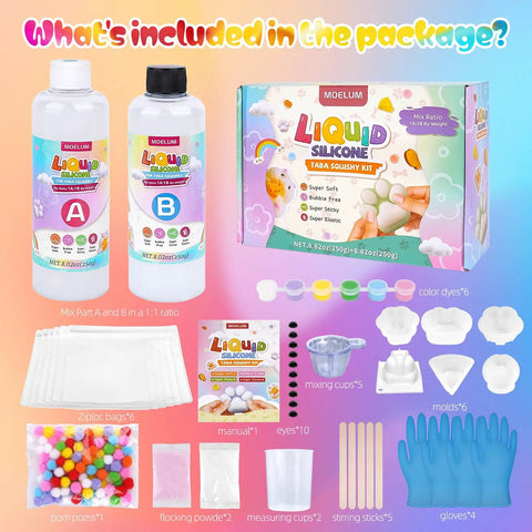 Ultimate DIY Squishy Kit With 6 Molds And 18Oz Bubble Free Liquid Silicone Quick 2 To 3 Hour Cure With No Fuss Step By Step Guide Perfect Starter Craft Gift For Beginners package contents