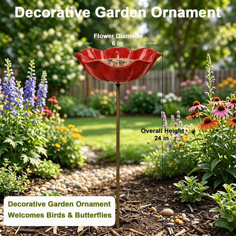 Metal Flower Garden Stake With Bird Bath Bowl Outdoor Pollinator Watering Station For Garden Yard Hummingbird Fountain Butterfly And Bee Water Feeder Decorative Yard Art Gift Set 3 Pack in a garden setting