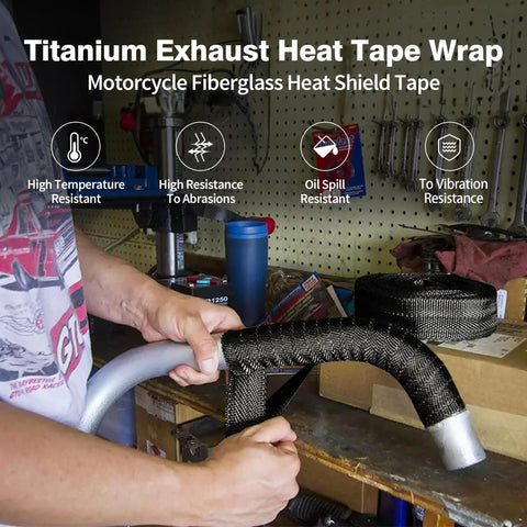 Person using Exhaust Heat Wrap Kit 2 Inch 16 Foot High Temp Fiberglass Header Wrap With Heat Shield Tape on pipe in workshop.
