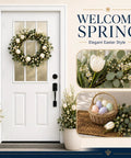 White Primed Fiberglass Front Entry Door Slab with wreath and spring decor.