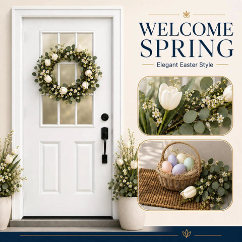 White Primed Fiberglass Front Entry Door Slab with wreath and spring decor.