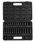 Open case of Three Eighths Inch Drive Pro Grade Master Impact Socket Set, 29-Piece Metric 8mm Through 22mm, 12-Point, Chrome Molybdenum Steel