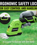 Hand holding 12V Cordless Grass Shear And Hedge Trimmer 2 In 1 Handheld Electric Grass Cutter with ergonomic safety lock feature