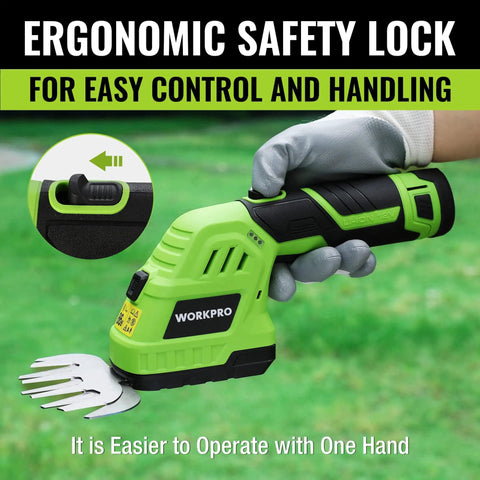 Hand holding 12V Cordless Grass Shear And Hedge Trimmer 2 In 1 Handheld Electric Grass Cutter with ergonomic safety lock feature