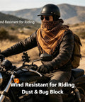 Military Style Shemagh Desert Scarf Wrap in desert tan on motorcyclist, 100% cotton, all-weather protective headwear.