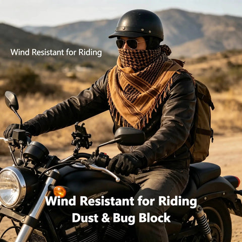 Military Style Shemagh Desert Scarf Wrap in desert tan on motorcyclist, 100% cotton, all-weather protective headwear.