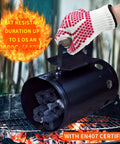 Extreme Heat Resistant Oven Gloves With Five Finger Design For Grill Masters BBQ Cookin Mitts For Cooking Silicone Non Slip Kitchen Gloves For Grilling Baking And Hot Oven Use Red holding chimney starter with flames.