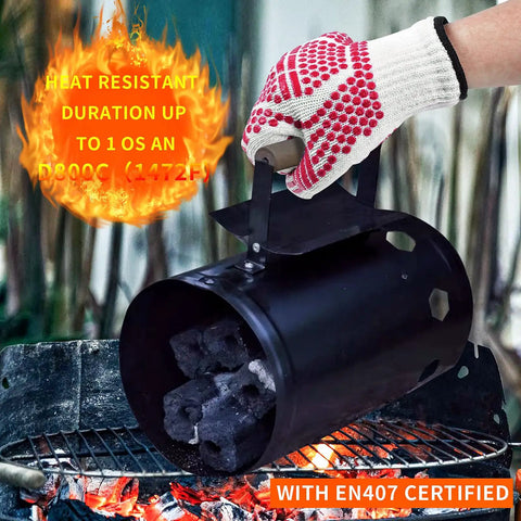 Extreme Heat Resistant Oven Gloves With Five Finger Design For Grill Masters BBQ Cookin Mitts For Cooking Silicone Non Slip Kitchen Gloves For Grilling Baking And Hot Oven Use Red holding chimney starter with flames.