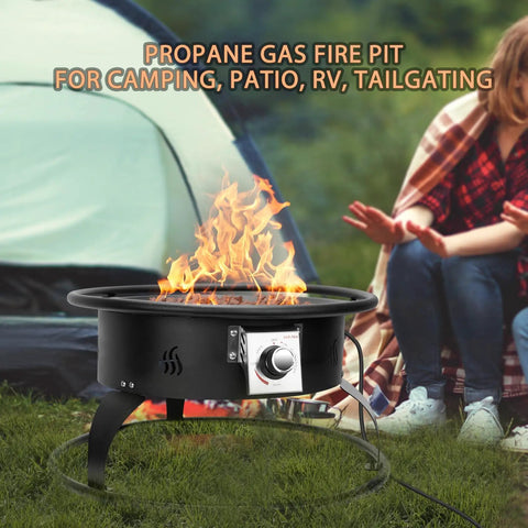 Outdoor Propane Fire Pit 22 Inch Smokeless Portable Fireplace With 12 Foot Hose And Lava Rocks For Patio Backyard Bonfire Camping RV Tailgating Beach Party 55000 BTU in use at a campsite.