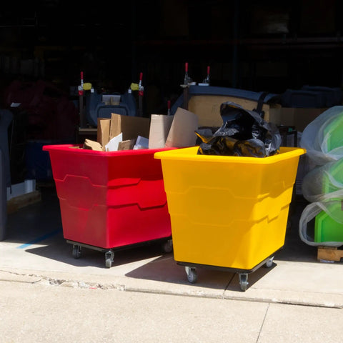 Commercial 16 Bushel Utility Cart With Steel Base And Poly Box Basket shown in red and yellow, loaded with items in a warehouse.