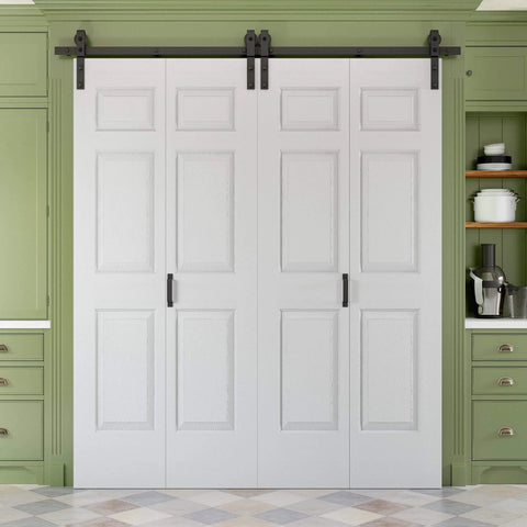 Paintable Bifold Barn Door 48 By 84 Inches No Assembly Required 6 Panel Bi Fold Sliding Closet Doors With Hardware Kit Included 52 Inch Track Kit For Four Doors Pre Drilled Holes White Finish Space Saving Easy Install closed view