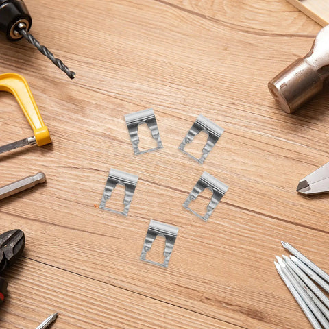Top Tier 5Pc Windshield Wiper Linkage Repair Clamp Kit Boasting Easy Snap Install, five steel clips on a wooden surface.