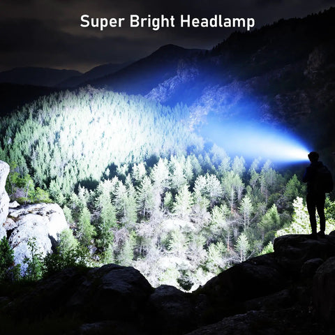Person using Two Pack Rechargeable LED Headlamps With 2000 Lumens illuminating a forest at night