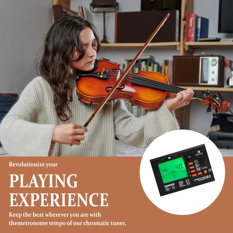 2 In 1 Digital Metronome Tuner For Guitar Bass Violin And Ukulele Chromatic Tuner With Metronome High Visibility LCD Precision Calibration Multi Instrument Tuning Practice Aid For Musicians, violin player using tuner