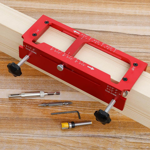 Door Hinge Jig Pro Grade Aluminum Alloy Mortiser Kit with adjustable router template for hinges, shown on a wooden surface