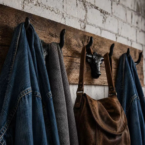 Built Tough 4 Pack Western Bull Horn Hat Hooks In Matte Black Cast Iron Wall Rack with jackets and a purse hanging.