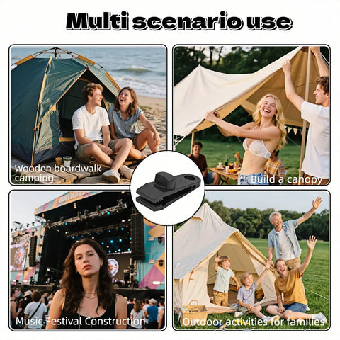 Multi-scenario usage of Heavy Duty Windproof Tent Clips With Anti Slip Teeth For Camping And Tarp Setups shown in various settings.