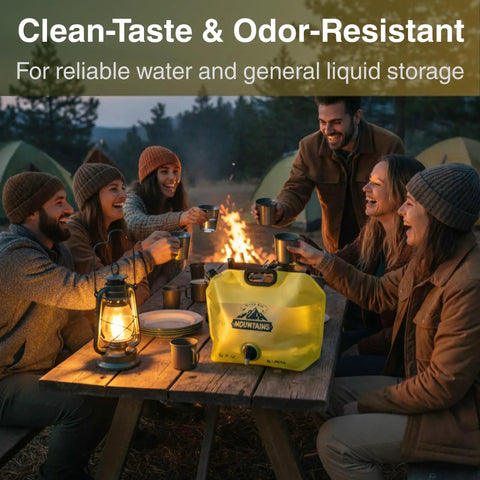 People enjoying a campfire with Two Gallon Collapsible Water Container With Spout For Camping And Outdoors on picnic table.