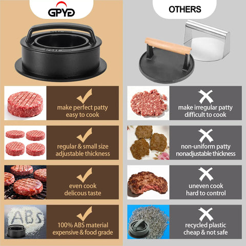 Comparison chart of 3 In 1 Nonstick Burger Press For Stuffed Patties, Sliders And Regular Burgers with other press, highlighting benefits.