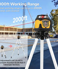 Heavy Duty Self Leveling Rotary Laser With 2000 Ft Range And Built Like A Tank IP66 Waterproof Rating Includes Aluminum Tripod And Grade Rod set up on a construction site.