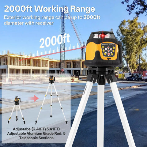 Heavy Duty Self Leveling Rotary Laser With 2000 Ft Range And Built Like A Tank IP66 Waterproof Rating Includes Aluminum Tripod And Grade Rod set up on a construction site.
