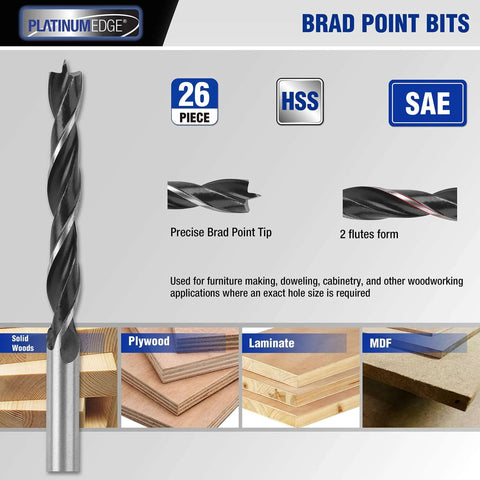 Front view of PlatinumEdge Brad Point drill bit set with storage case; 26-piece for wood projects