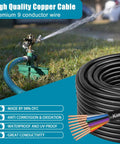 Solid Copper 18 Gauge 9 Conductor Sprinkler Wire 100 Feet Heavy Duty With UV Resistant PVC Jacket next to operating sprinkler