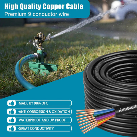 Solid Copper 18 Gauge 9 Conductor Sprinkler Wire 100 Feet Heavy Duty With UV Resistant PVC Jacket next to operating sprinkler