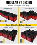 Big XL Trunk Organizer With Four-Section Modular System For Extra Large Car Cargo Storage Foldable Multi-Compartment Bin In Red showing various configurations