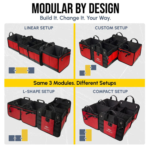 Big XL Trunk Organizer With Four-Section Modular System For Extra Large Car Cargo Storage Foldable Multi-Compartment Bin In Red showing various configurations