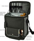 Legit Insulated Charcoal Picnic Basket Cooler Tote With Hardwood Cheese Cutting Board Kit Including Premium Cheese Knives And Stainless Corkscrew, featuring acrylic glasses and adjustable bottle divider.