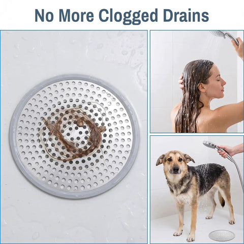 Stainless Steel Shower Drain Strainer And Kitchen Sink Hair Catcher Filter For Bathroom Plumbing Clog Prevention Solid Two Pack Set with hair in drain.