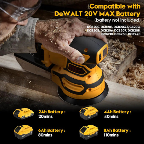 Cordless Random Orbital Sander With Brushless Motor Built Tough To Hustle Through Woodworking Kicks Up Dust Without Sweat Compatible With 20V Batteries being used with DeWALT 20V MAX Battery.