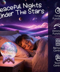 Galaxy Moon Lamp With Multi Color Glow, Touch Or Remote Control, Wood Stand on nightstand near sleeping child under cosmic sky