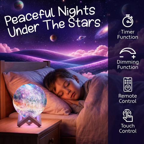 Galaxy Moon Lamp With Multi Color Glow, Touch Or Remote Control, Wood Stand on nightstand near sleeping child under cosmic sky