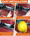 Four-step installation process for Hard Hat Holder For Truck And SUV 2 Pack Keeps Cap Shape While Driving Stainless Steel Headrest Rod Mount Car Seat Back Organizer For Hats And Caps Durable Heavy Duty Patent Pending on a red car seat headrest shown with a yellow hard hat