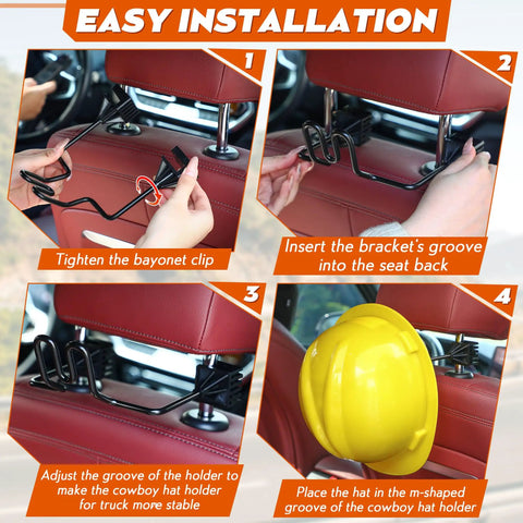 Four-step installation process for Hard Hat Holder For Truck And SUV 2 Pack Keeps Cap Shape While Driving Stainless Steel Headrest Rod Mount Car Seat Back Organizer For Hats And Caps Durable Heavy Duty Patent Pending on a red car seat headrest shown with a yellow hard hat