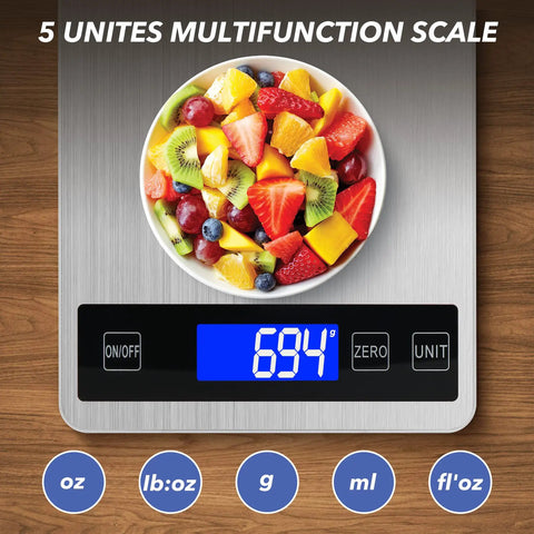33Lb Kitchen Digital Scale With Pro Grade Precision, 1g 0.05oz; fruit bowl on stainless steel scale showing 694g