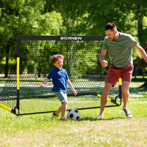 Child and adult playing soccer with Two Pack Easy Fold Portable Pop Up Soccer Goals 6x4 Ft Backyard Training Set.