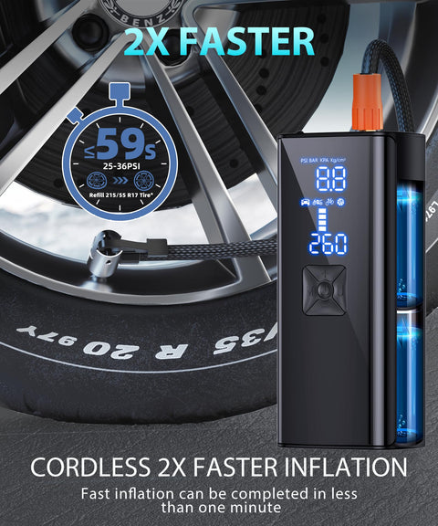 Portable Tire Inflator Air Compressor With 2X Faster 150 PSI Inflation Cordless Pump Led Light Digital Pressure Gauge