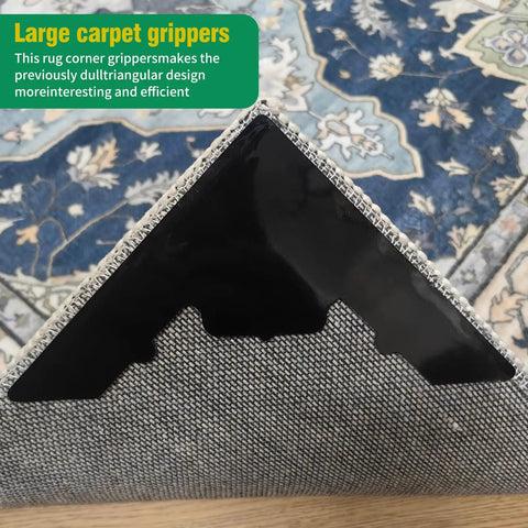 Close-up of rug corner with Eight Pack Non Slip Rug Pads With Reusable Double Sided Carpet Tape For Hardwood Floors And Tiles, Extra Thick 2mm Grid Adhesive That Grips Rug Fibers And Keeps Area Rugs From Shifting, No Residue.