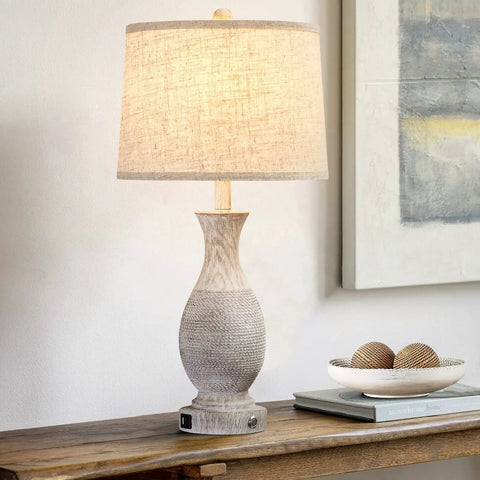 28 Inch Farmhouse Table Lamps Set Of 2 With USB Ports And 3 Way Dimmable Nightstand Lighting, Oatmeal Linen Lampshade, Rustic Resin Base