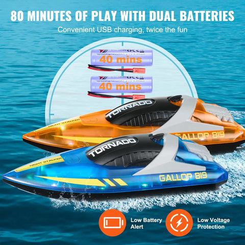 Rad Two Pack Remote Control Boat for Pools and Lakes Night Racing LED RC Boat for Kids and Adults Fully Waterproof Includes Four Rechargeable Batteries Safe Auto Power Off When Out of Water, showing two boats and dual batteries.