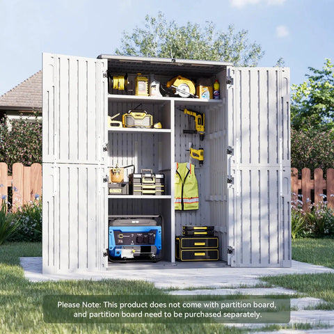 Open Outdoor Resin Storage Shed With Floor, 64 Cu Ft Vertical Storage Shed showing organized garage and garden gear.