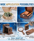 Collage showing various uses of hidden barrel hinges with magnets for wooden boxes, including jewelry, watch, and artist boxes.